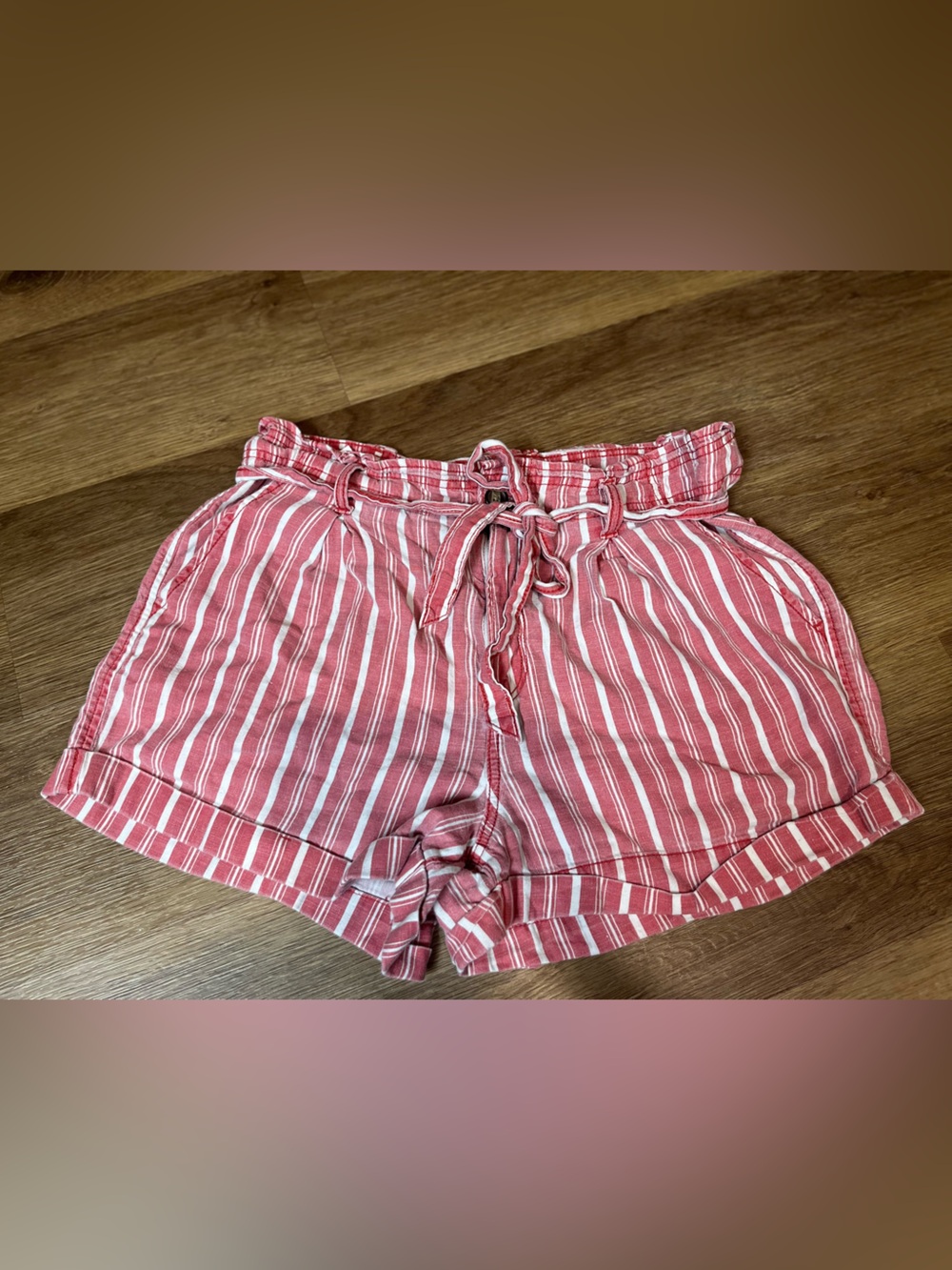 American Eagle Outfitters Red and White Striped High-Waist Paperbag Shorts